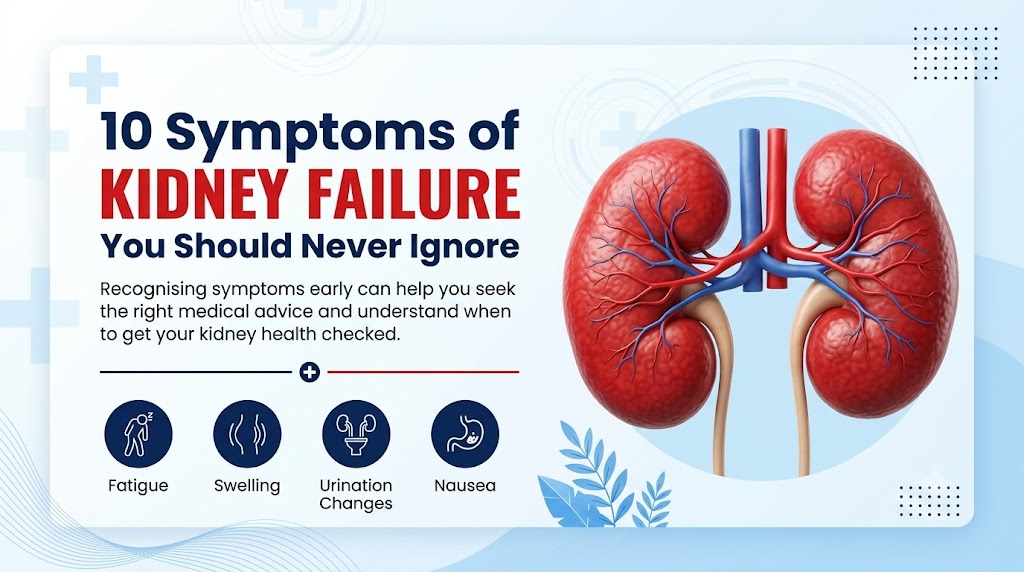 Medical illustration showing 10 early signs of kidney disease with healthy human kidneys