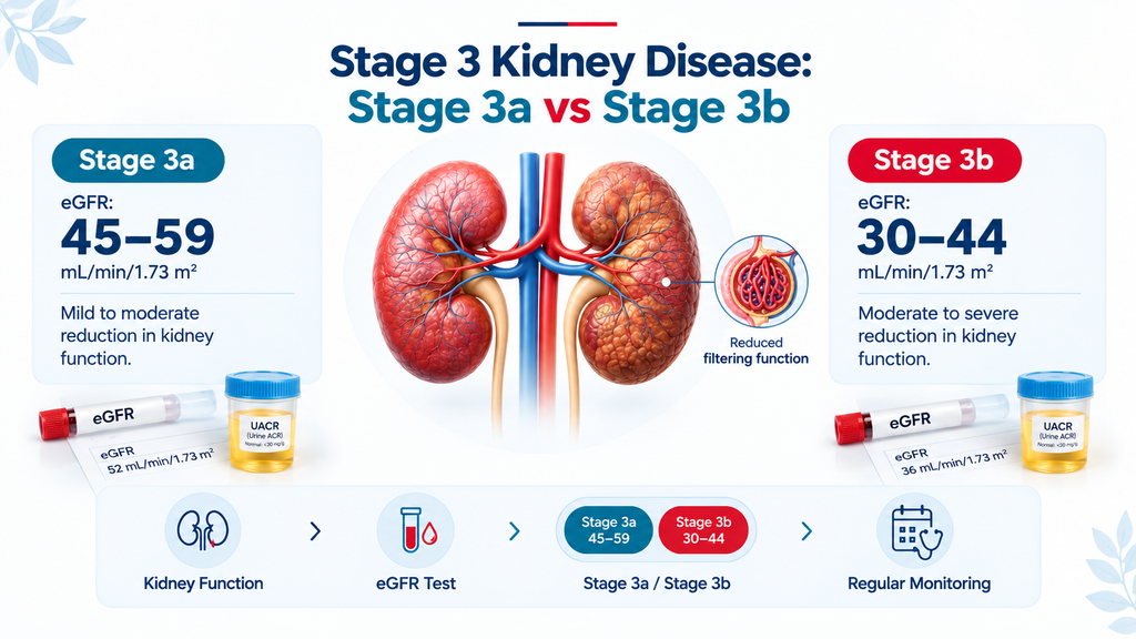 Stage 3 kidney disease infographic comparing Stage 3a and Stage 3b eGFR ranges, kidney function, eGFR testing, urine ACR, and regular monitoring