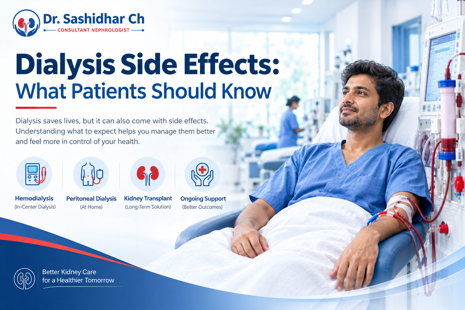 Dialysis patient receiving treatment beside a hemodialysis machin