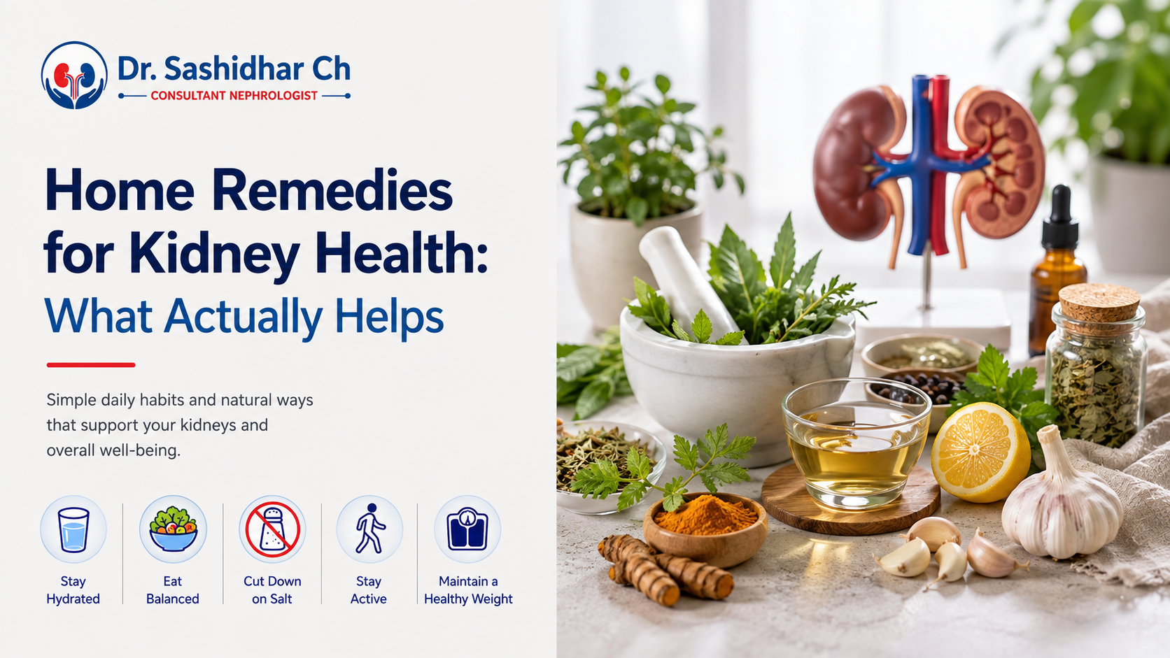 Home remedies for kidney health showing healthy habits, hydration, balanced meals, herbs, and kidney anatomy.