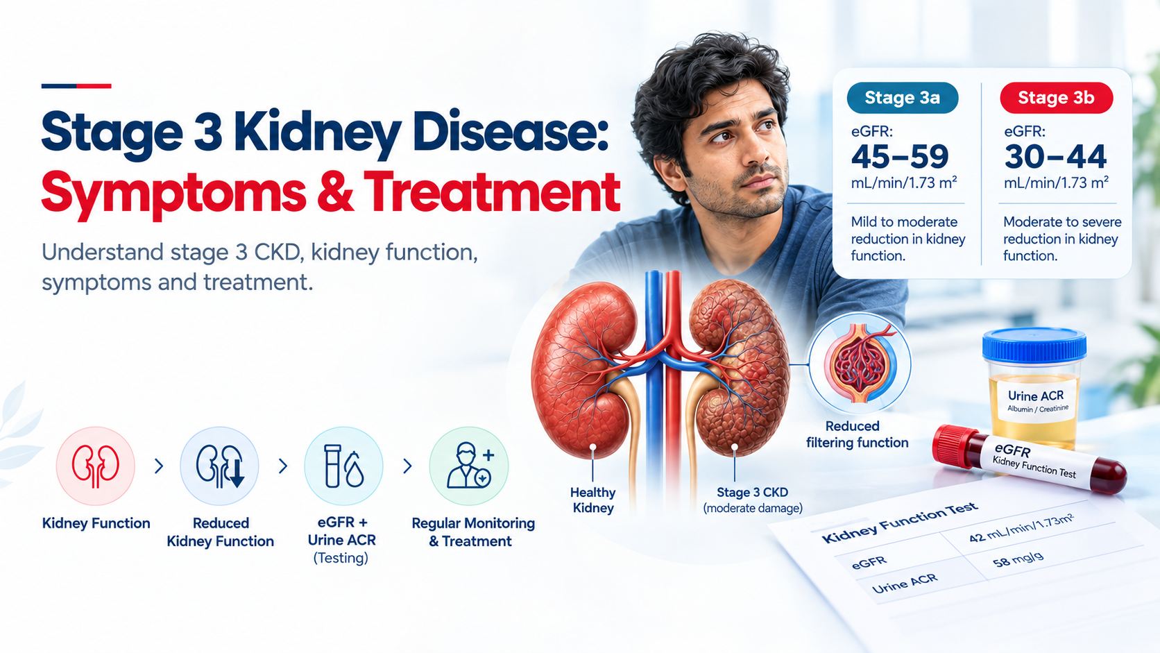 Stage 3 kidney disease symptoms and treatment with kidney function, eGFR, urine ACR testing, and regular monitoring