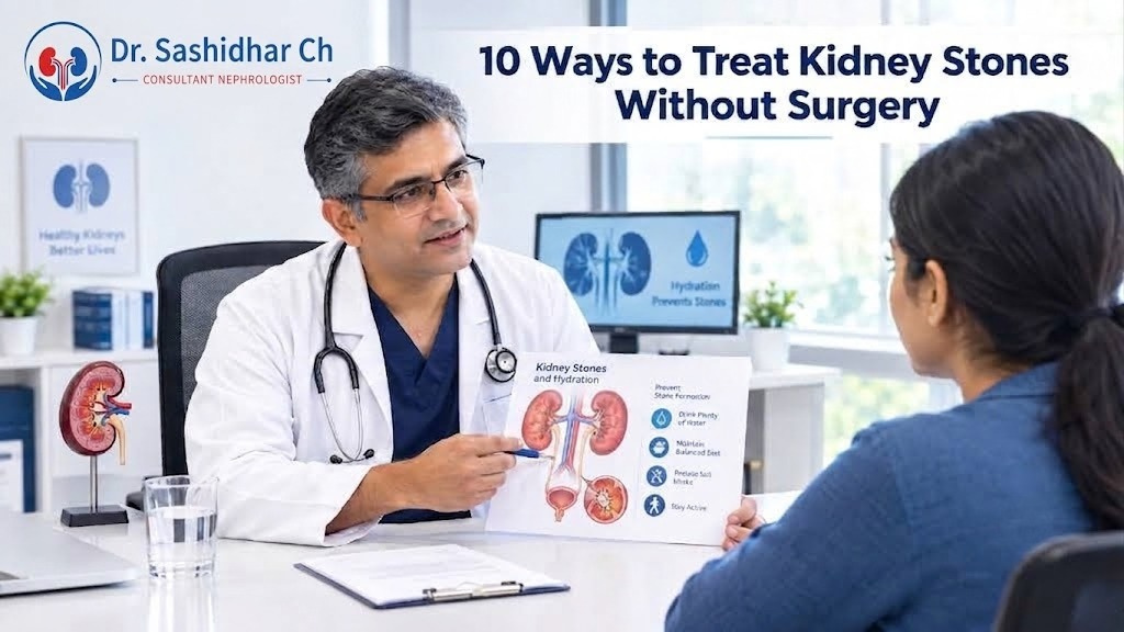 Dr. Sashidhar Ch, Consultant Nephrologist, explaining non-surgical treatment options for kidney stones to a patient.