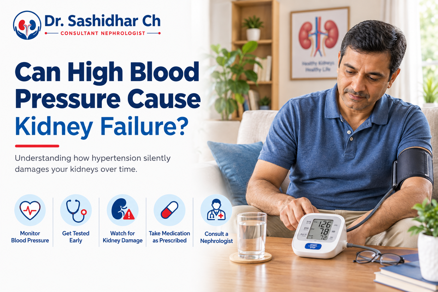 Man checking blood pressure at home to monitor kidney health risk — Dr. Sashidhar Ch, Consultant Nephrologist, explains the link between high blood pressure and kidney failure