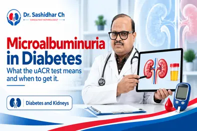 Infographic showing symptoms of diabetic kidney disease: foamy urine, swelling, tiredness, loss of appetite, changes in urination and itchy skin, with a kidney and glucose meter illustration